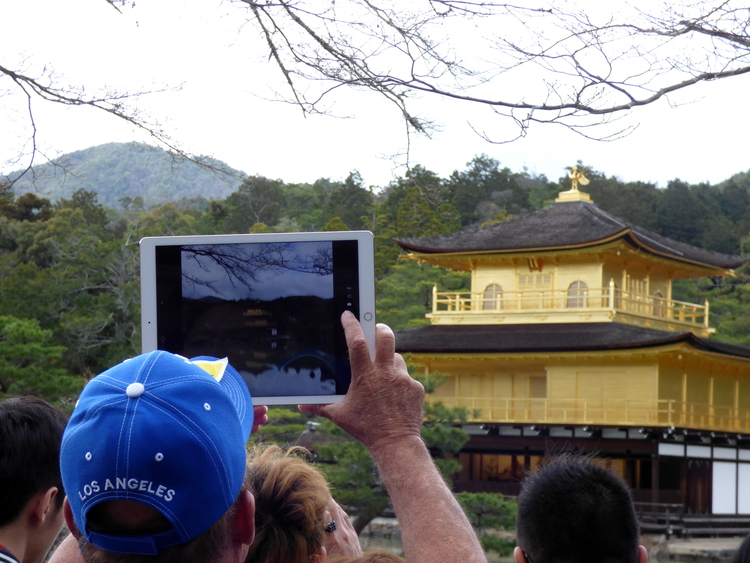 A man with a blue cap holding up his iPad Pro to take a picture of a golden shrine