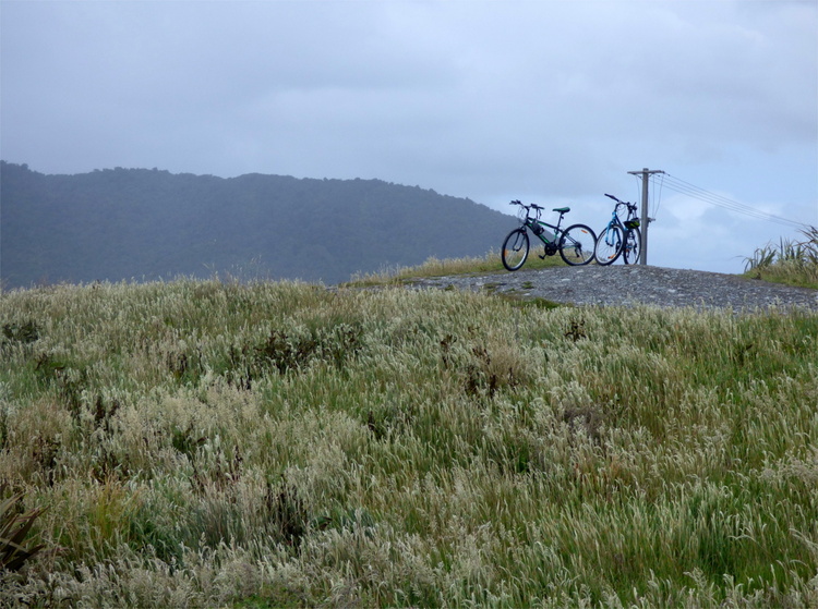 Two bikes standing on a grassy hill against a cloudy grey sky