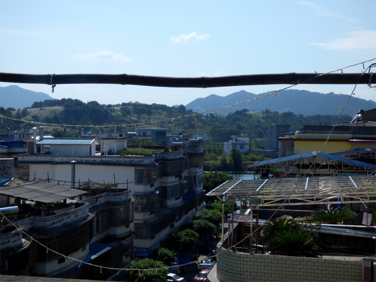 A view from a rooftop along a mid-sized street lined by multi-story buildings and some trees with green hills in the background