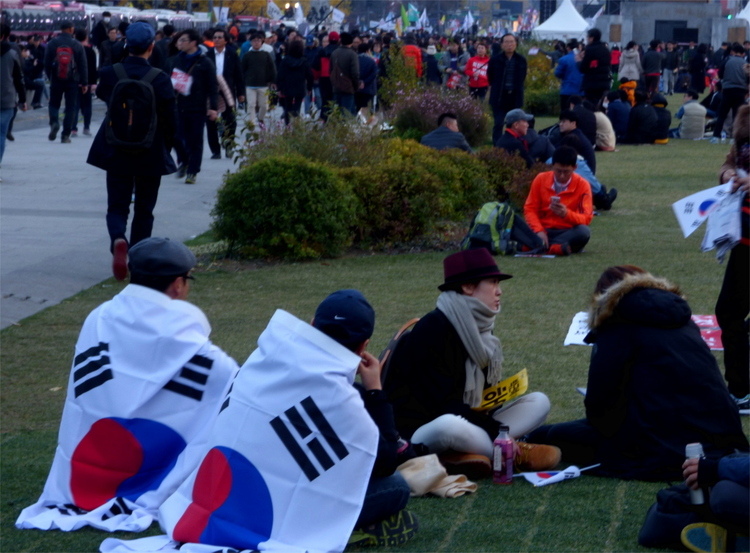 Some people sitting on a lawn, two of them wearing large South Korean flags as capes with a crowd in the distance