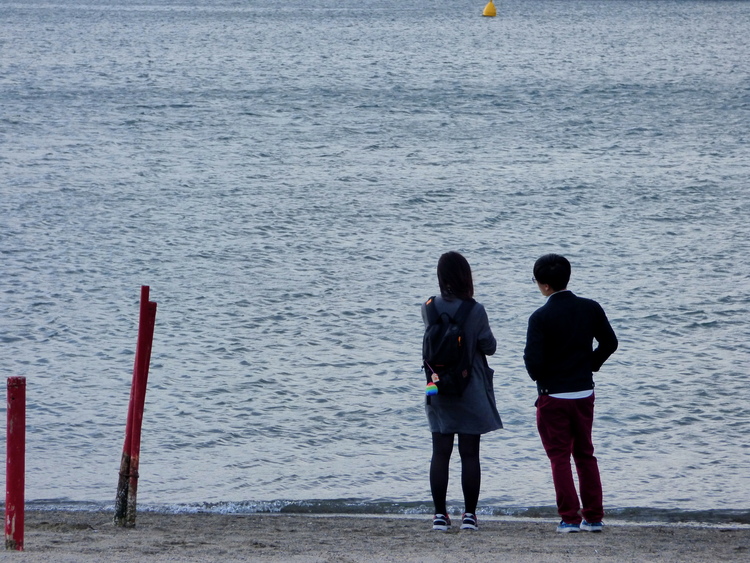 Two people standing on the shore, looking out towards the water
