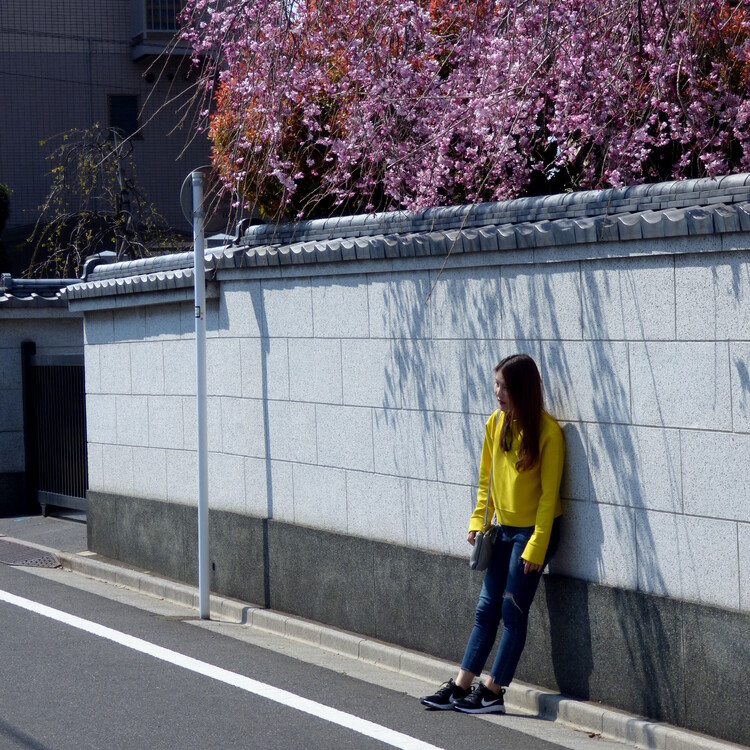 A woman in a yellow shirt posing for pictures against a white wall underneath a cherry tree