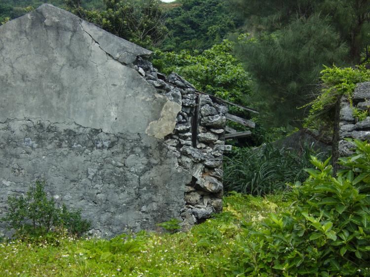 A crumbling front wall of a small concrete-and-stone house with a typical angled roof shape standing in the wilderness