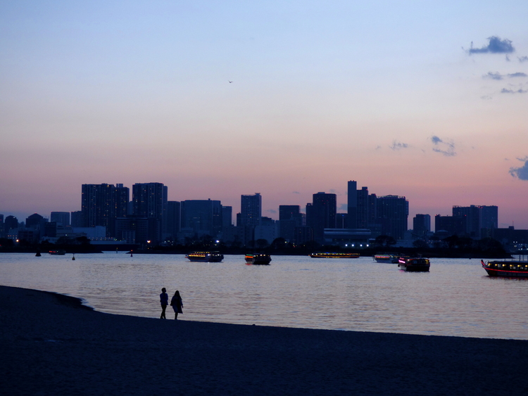 Two figures in the distance standing next to each other by the water on a beach, a city skyline at dusk visible on the other side of the water