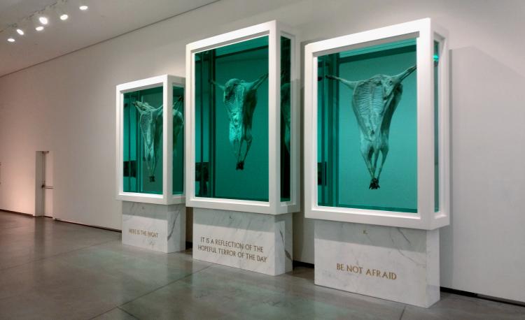 A triptych of room-height white-framed glass boxes filled with turquoise liquid. In each of the boxes floats a crucified sheep carcass, rib cage torn open and skull hanging to the side. The boxes rest on marble bases engraved with the words "HERE IS THE NIGHT / IT IS A REFLECTION OF THE HOPEFUL TERROR OF THE DAY / BE NOT AFRAID"