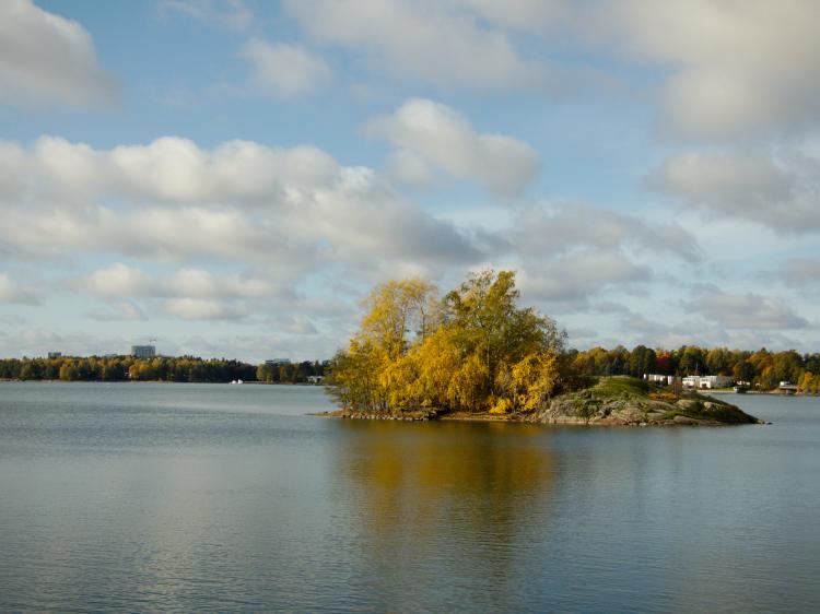 A small rock island with yellow autumn trees in a still lake