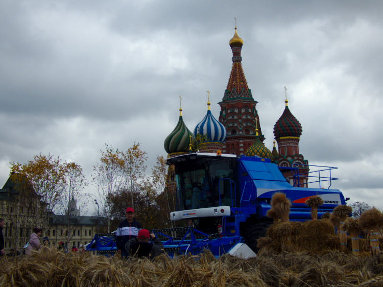 A blue combine harvester standing surrounded by hay in front of a large Russian church