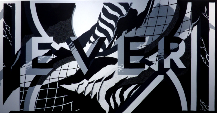 Close-up of a graphical black-and-white artwork reading 'Ever' in capital letters distorted by abstract patterns