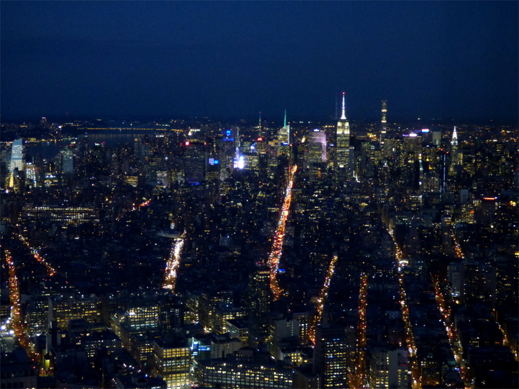 A nightly view of the New York skyline from above