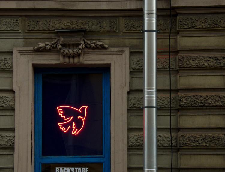 A red neon sign showing a flying bird in a blue window on a wall