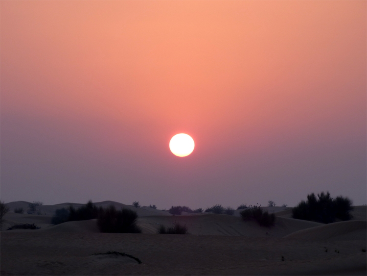 A deep red sun setting over the desert
