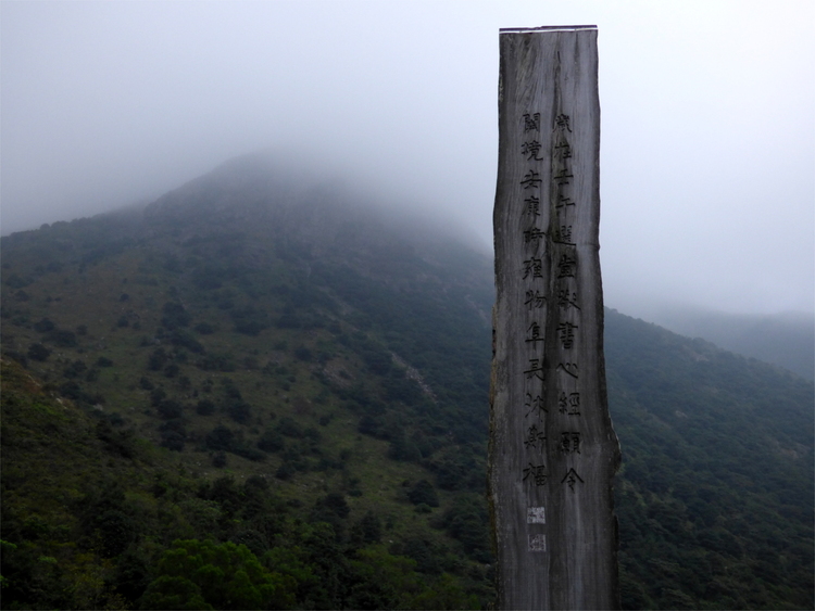 A pillar made of half of a tree trunk inscribed with Chinese characters with a foggy mountain in the background